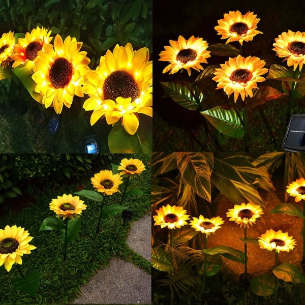 LED Solcelle Solsikke Lys, Vanntette Hageblomsterlys, Dekorativt Nattelys for Gangvei, Patio, Hage 2pc-3 sunflowers-solar