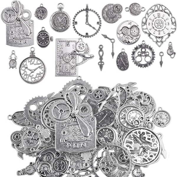 Klockansikte Charm Hänge, 100 Gram Multi-Style Klockor och Urtavla Rörelse Charms Växlar Steampunk Hänge Hantverk Material Antique Silver