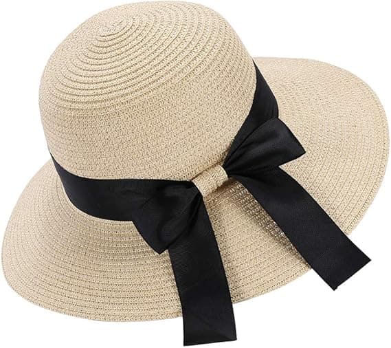 Solhatt för kvinnor, mjukt hopfällbar stråhatt med rosett för sommar och strand Beige