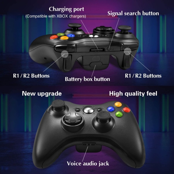 Trådløs controller til Xbox 360, Xbox 360 joystick trådløs spilcontroller til Xbox & Slim 360 PC, sort Black