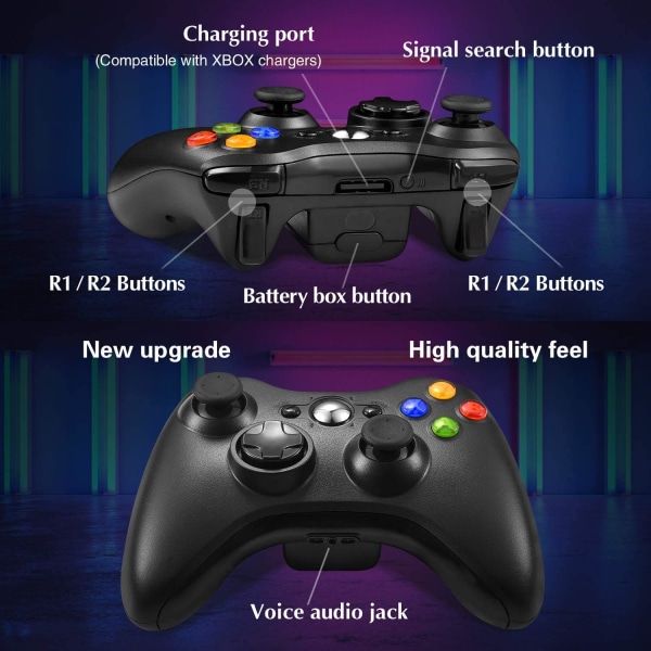 Trådløs controller til Xbox 360, Xbox 360 Joystick Trådløs spilcontroller til Xbox & Slim 360 PC ，Sort Black