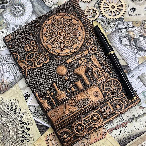 Vintage 3D præget læder skrivejournal, A5, 200 sider, antik håndlavet daglig notesblok skitsebog, rejsedagbog og notesbog at skrive i Train-(RedBronze) 8.4x5.7In
