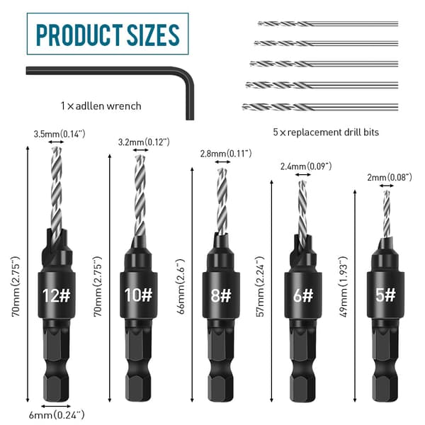5-pack Countersinkborrset, Justerbar 1/4\" Hexskaft Snabbväxlande Countersinkborrset, Utbytbara Countersinkborr med Hexnyckel