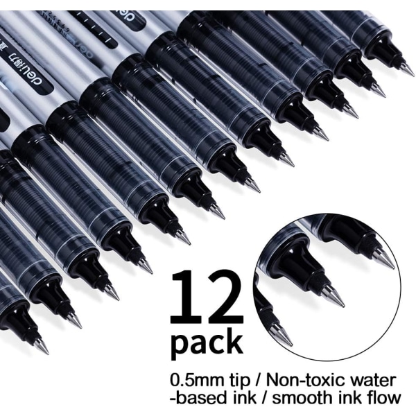 Liquid Ink Rollerball Pens, 12 pcs 0.5mm Stick Ballpoint Black Gel Pens for Adult Writing Note Taking School & Office Supplies