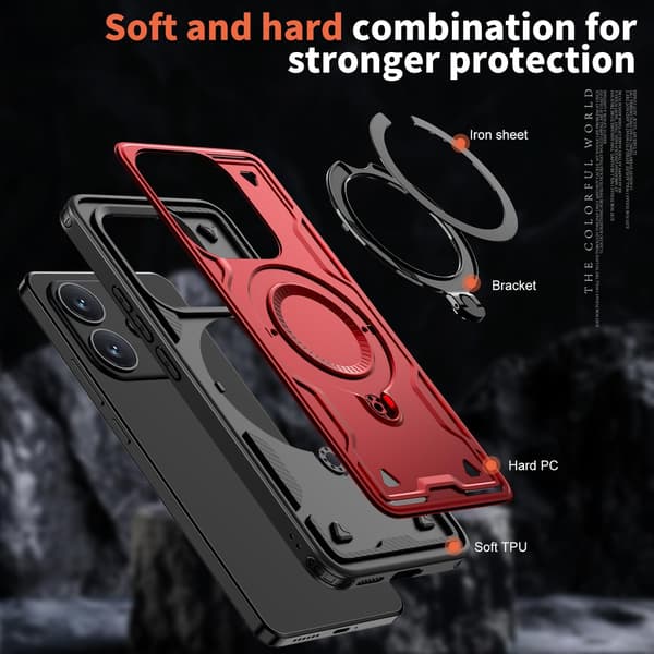 Xiaomi Redmi Note 14 4G Armor Deksel, 360 Metallring Støtte Magnetisk Støtsikker Airbag Bumper Deksel Rød