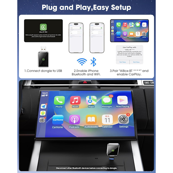 Trådlös CarPlay-adapter för iPhone - Plug-and-Play-installation, bred kompatibilitet med iPhones som kör iOS 12+ (Endast för iPhone)