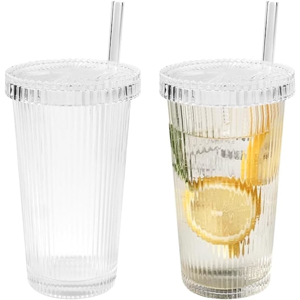 2 kpl Lasit Kupit Kansi ja Olki 380ML Lasit Kupit Kansi ja Olki Uusiokäyttöiset Lasikupit, Matkakupit (Läpinäkyvä)