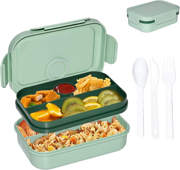 Matboks med bestikk og flere rom for salater, sauser, snacks, 2-lags lunsjboks