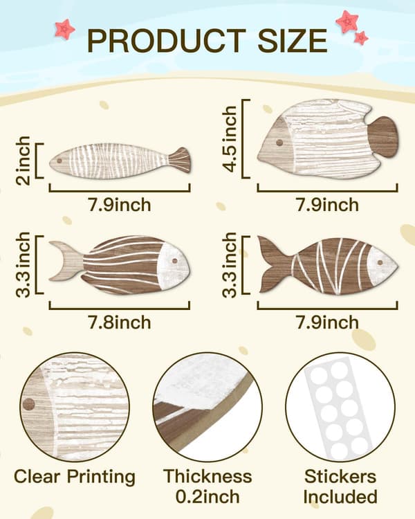Putuo Decor 4 st träfisk väggdekor strand nautisk kusttema fisk väggskulptur trä