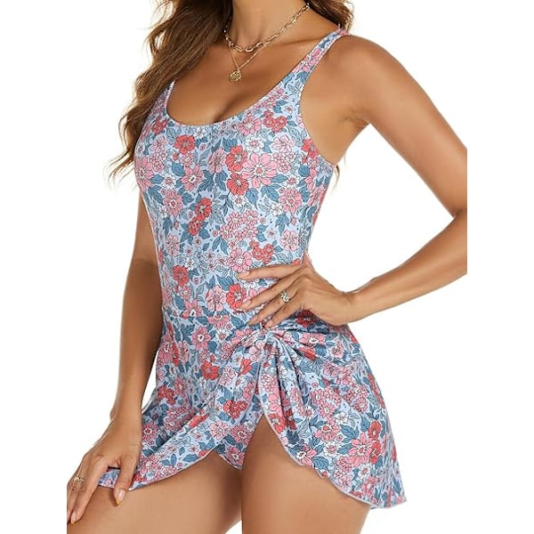 Uimapuku mekko naisille, uimapuvut, uimapuvut, hame, vatsaa tukeva uimapuku - Pinkit kukat - Koko XL Pink Flowers XL