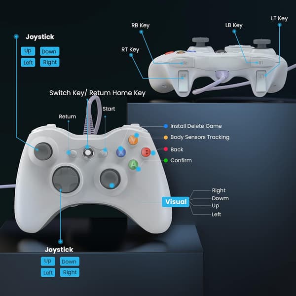 Kablet controller til Xbox 360, Game Controller til 360 med Dual-Vibration Turbo Kompatibel med Xbox 360/360 Slim og PC Windows 7,8,10 White