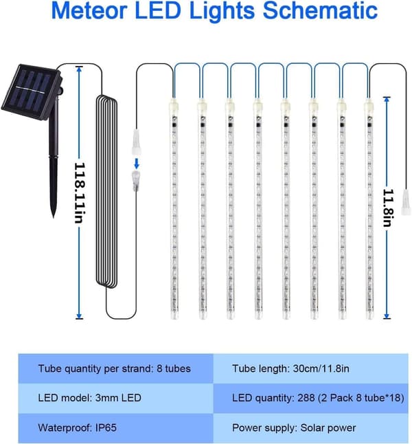 Solar Meteorregnlys, vanntette julelys med 30 cm rør, 8 rør, 240 LED-lys for bryllupstreet