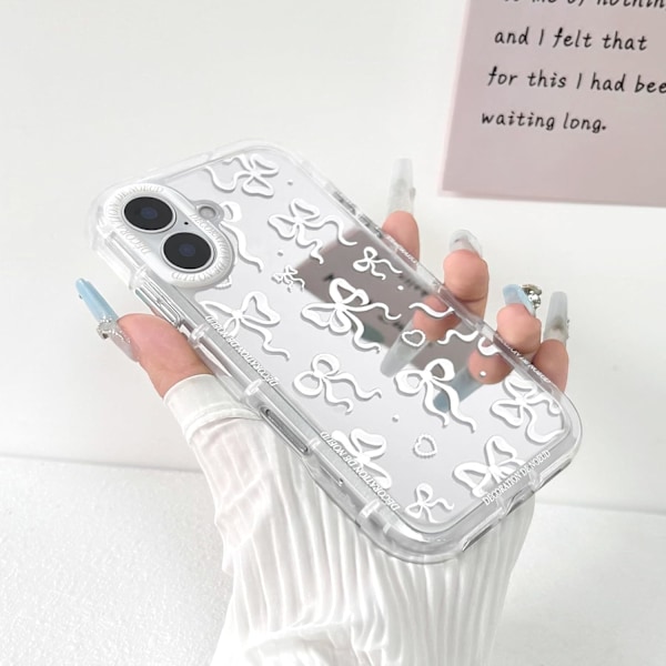 Yhteensopiva iPhone 16 Plus -kuoren kanssa, söpö peili rusetti sydänkuvio naisille tytöille, nauhakuvio, iskunkestävä suojapuhelin iPhone 16 Plus