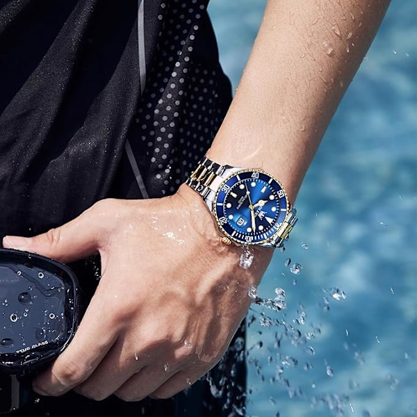OLEVS Herrarmbandur Svart Blue Dial/Gold Silver Band