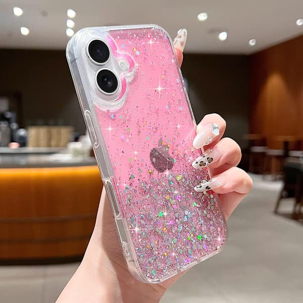 iPhone 17 Glitterdeksel, Rosa Glitrende Krystalltelefondeksel, Slankt Støtsikkert Beskyttelsesdeksel for Kvinner og Jenter
