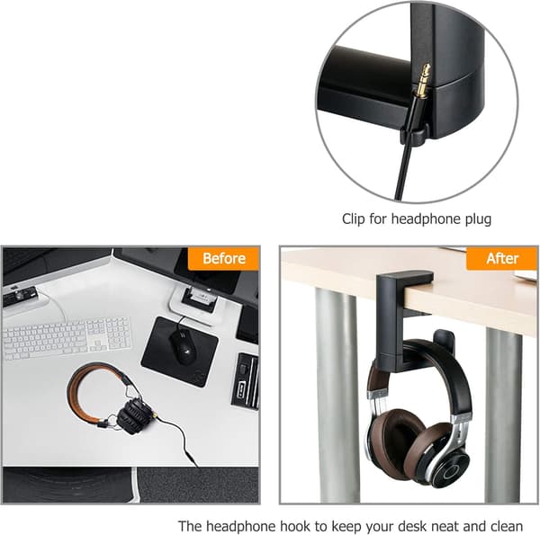 Hovedtelefonholder med 360° drejelig krog + kabelklemme, gaming headset holder til montering under bord til Sony, Beats, HyperX