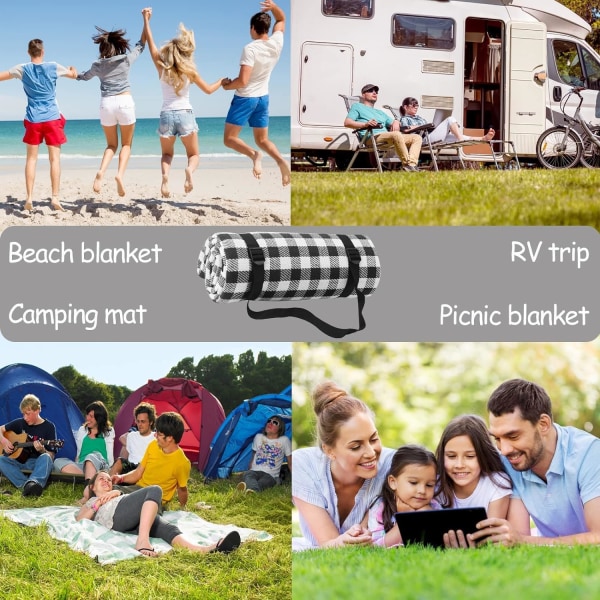 Piknikteppe Piknikmatte Strandteppe Campingteppe 79''X79'' Vanntett Sandsikkert Utematte Black white 79"L x 79"W