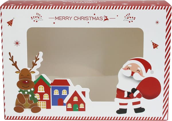 Paket med 12 Presentaskar, 23 cm x 17 cm x 7 cm, Julröd Vit Tomteask med Transparent Lock