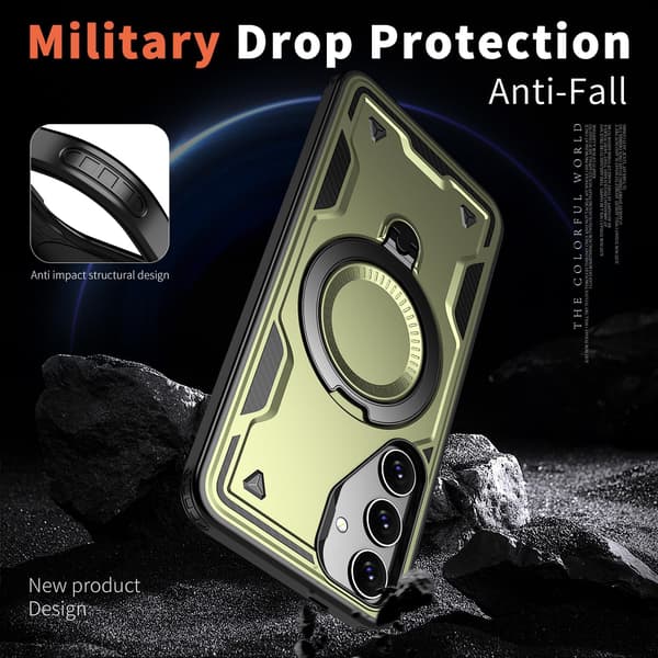 Samsung Galaxy A37 / A36 Armor Case, 360° Metallringstöd, Magnetisk Stötsäker Airbag Bumper, Militärgrön