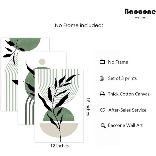 Mid Century Modern Väggkonst Set om 3 Salviagrön Canvas Väggkonst Boho Prints Grön Väggdekor, för Vardagsrum Sovrum