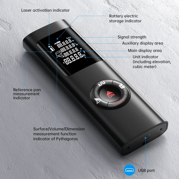 Laseravstandsmåler 40m, bærbar digital laseravstandsberegningsmåling Overflatevolum/IP54/LCD-bakgrunnsbelysning/oppladbar