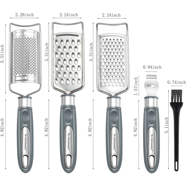 Rustfrit multifunktionelt køkkenmadrivjern og -høvl til grøntsager, frugt, chokolade med rengøringsbørste (grå)