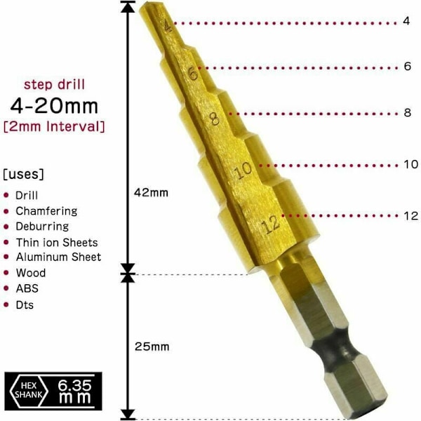 Sæt med 3 trinstyr, rustfrit stål, 4-12/20/32 mm, titanium konisk trekant, med sekskantet skaft