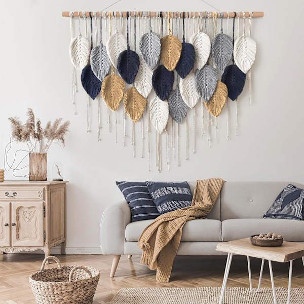 Macrame Væghængning Stor Tapet Vævet Væghængning Boho Macrame Blad Vægdekoration Fjer Chic Vævet Kunst White-navy-khaki-gray