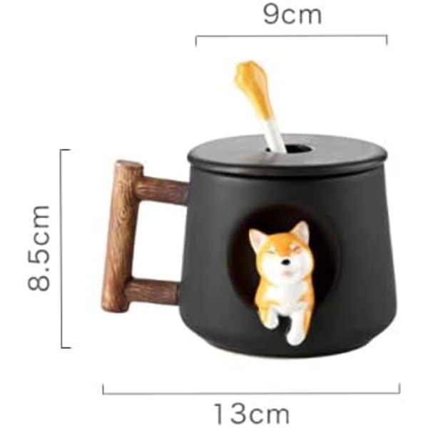 3D Söpö Koirakahvimuki Keraamiset Teekupit Kannella ja Lusikalla Sarjakuva Shiba Inu Kuppi Upotettu Eläin Ulkopuolella Aamumuki 420ML Black