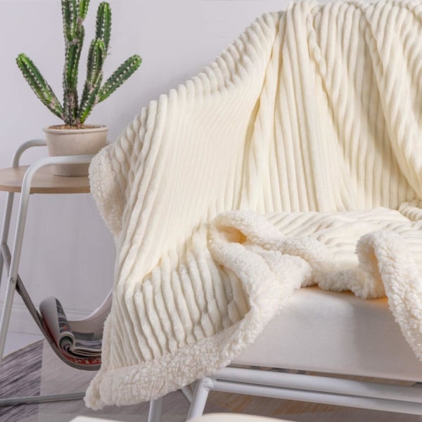 Fleece tæppe vendbart Sherpa Flannel tæppe blødt fuzzy plys fluffy tæppe varmt hyggeligt med stribe perfekt kaste til alle årstider Pure Beige 60"x80"