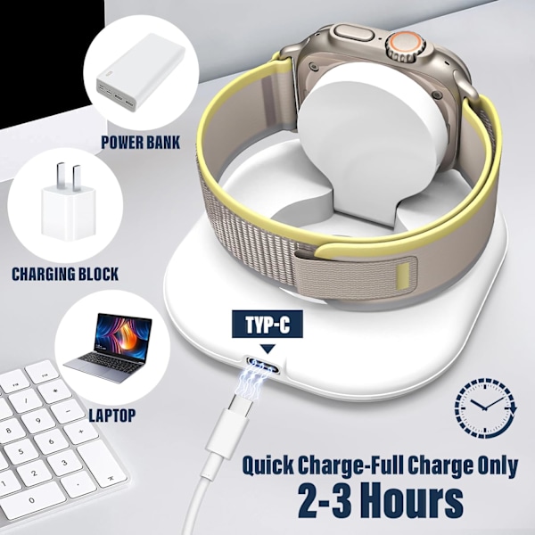 Apple Watch Ladekabel, TYPE-C Bærbar Trådløs Hurtiglader Kompatibel med Apple Watch Series 10/9/8/Ultra/7/6/5 White