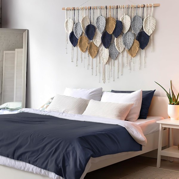 Macrame Väggbonad Stor Gobeläng Vävd Väggbonad Boho Macrame Blad Väggdekoration Fjäder Chic Vävd Konst White-navy-khaki-gray