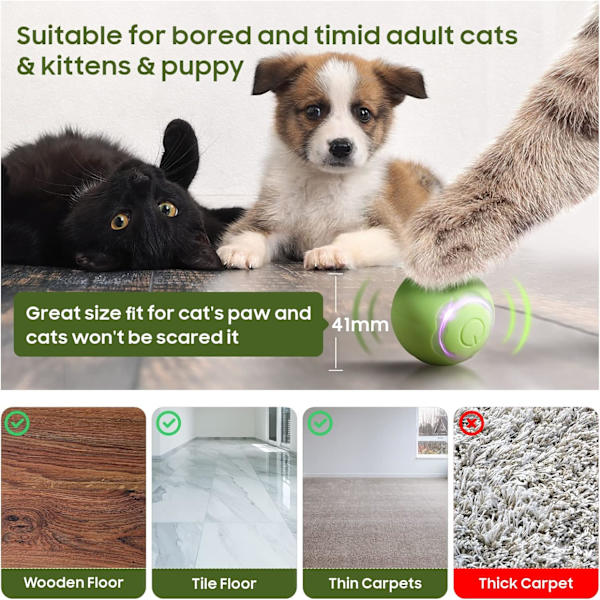 Interaktiv kattstjärna leksak boll husdjur leksak boll med LED-ljus automatisk roterande intelligent för katt inomhus, USB-laddningsbar (mintgrön)