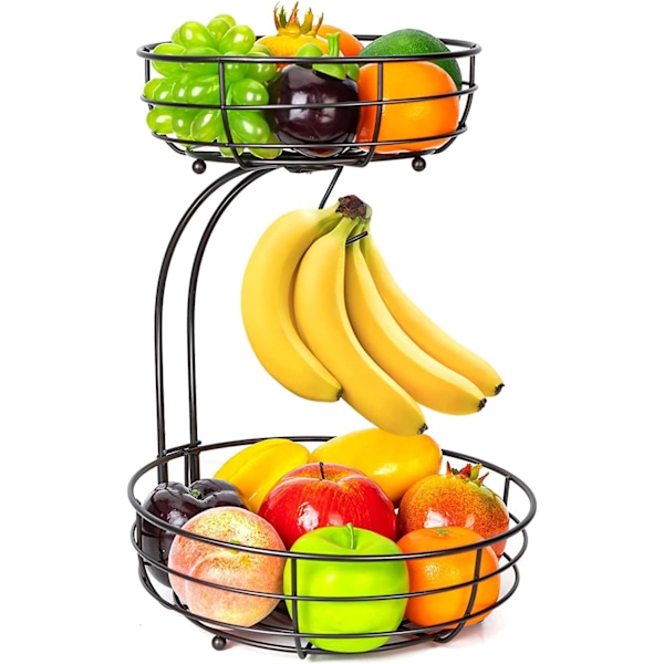 Frugtkurv, 2-lags frugtskål med bananhænger, køkkenbordpladestativ, metalskåle perfekte til opbevaring af frugt og grøntsager