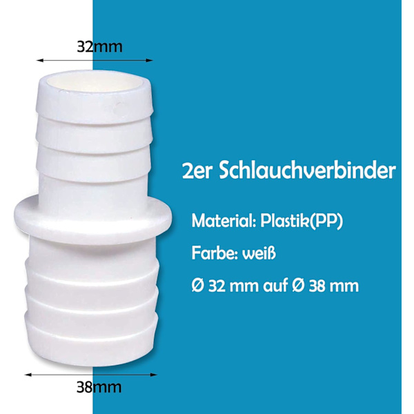 Pakke med slangekoblinger med slangeklemmer, svømmebassengslangetilpasning, dobbel slangeende (2 x 32 til 38 mm)