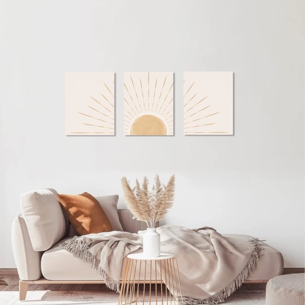 Boho Wall Art Set of 3,Canvas Wall Art Yellow Sun Rising on the Horizon Geometric Nature Illustrations Art Wall, Office,12"x16"