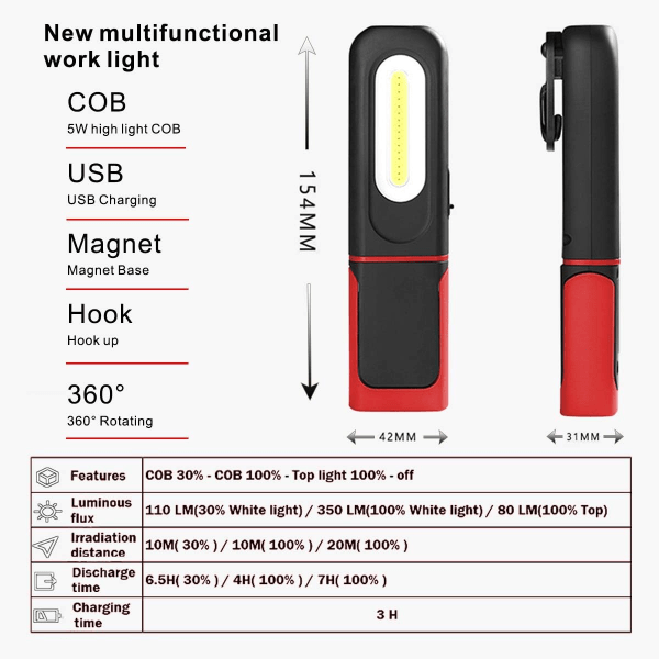 Genopladelig LED-arbejdslampe, 2 i 1 inspektionslampe med 360 graders rotation og 5W COB LED-lommelygte med magnetisk base og krog til hjemmet