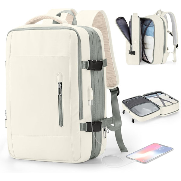 Stor Resebackpack för Laptop för Kvinnor, Handbagage Godkänd av Flygbolag, Utbyggbar Arbetsryggsäck, Personligt Föremål med Laptop beige green