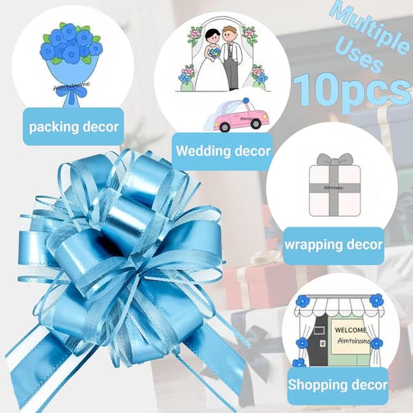 10-pack ljusblå dragrosetter, 4-tums presentrosetter för presentinslagning, korgar, bröllop, födelsedagsfester och blomsterarrangemang