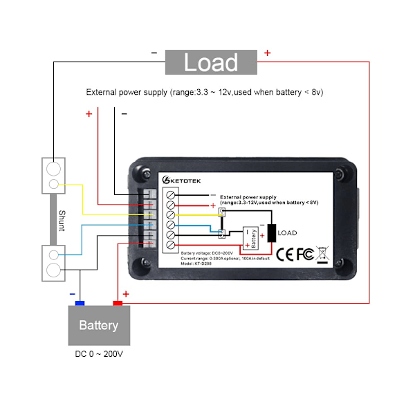 DC-akun mittari, jännitteenmittari, ampeerimittari, energiankulutusmittari, LCD-digitaalinen yleismittari, jännite, virta, kapasitanssi, ohmi, tunti, SOC-LCD-mittari, DC 0-200 V 100 A shuntti