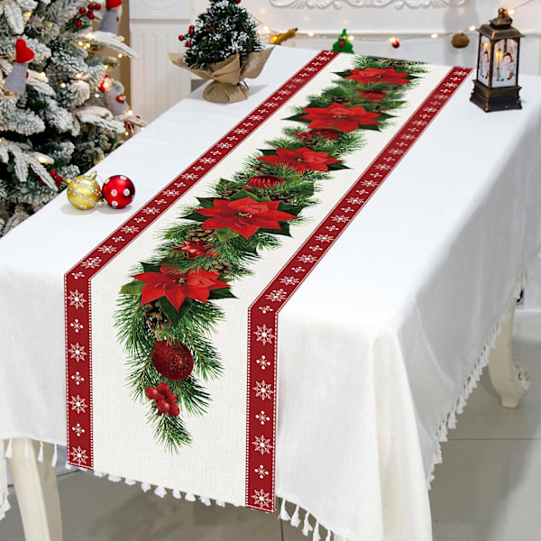 Röd Julbordstablett 183 x 33cm, Julbordstablett Safflor, Röd Linnebordstablett med Röd Blomma Julgran