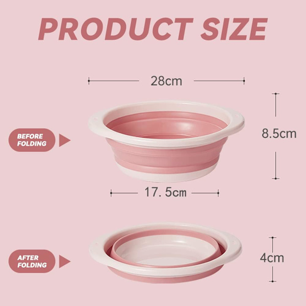 Sammenklappelig vask, sammenklappelig vask, multifunktionel medium sammenklappelig rund skål, pladsbesparende bærbar sammenklappelig skål, pink