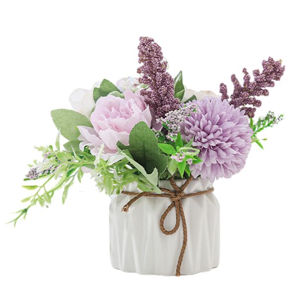 Konstgjorda krukväxter, liten keramisk vas, konstgjorda blommor