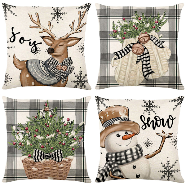 Set med 4 (45x45 cm, Julgran + älg) Julkuddfodral Julrenmönster örngott heminredning