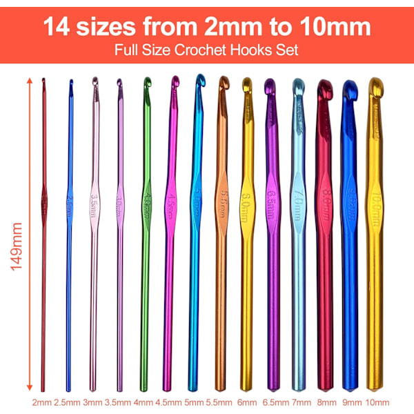 14 stk. aluminium hæklenåle strikkeværktøj multicolor 2-10 mm