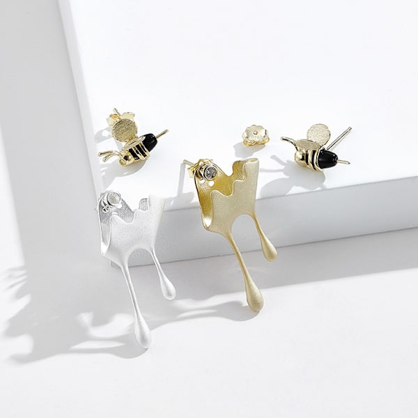 S925 Silver Bee och Honey Drop Örhängen Asymmetriska Örhängen