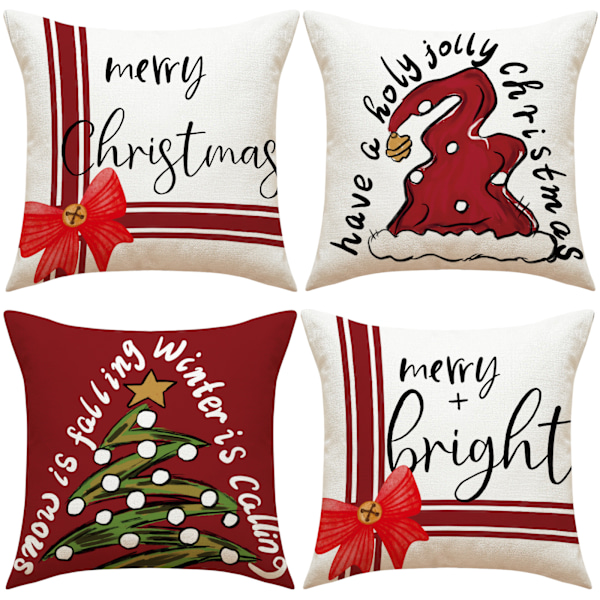 Set med 4 Julkuddfodral, Julgran, Trädgårdsdekoration, God Jul Bomull Linne Kuddfodral, 45 x 4