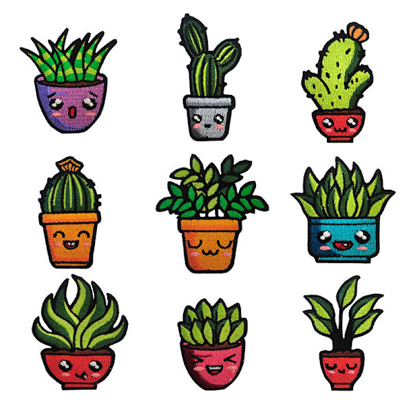 9 stryge-på broderede mærker med søde potteplante designs til