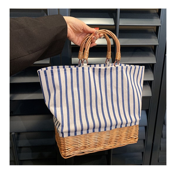 Portable Picnic Basket Bag, Wicker Wrap Tote Canvas Bag with Two