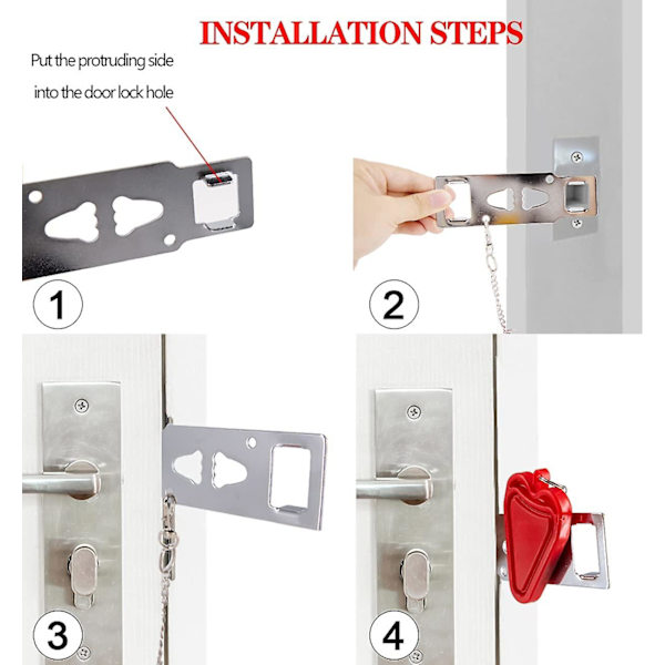 Bärbar dörrlås, säkerhetslås för hemmet, reslås, sovsalslås (2-pack)